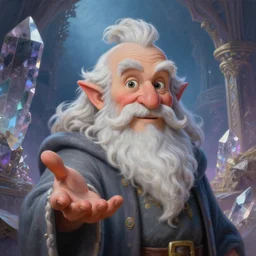 beautiful lifelike studio close - up painting of a cartoon!!! kind!!!! old bearded wizard holding his hand out to the camera. inside mystical crystal and quartz building. perfectly shaded cinematic lighting, very very coherent, trending on artstation, greg rutkowski, hyper detailed, 4 k, high quality, smooth, sharp focus
