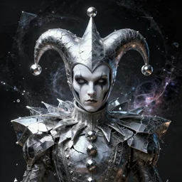 front shot of a court jester character fine portrait fine portrait mesmerizing fractal hyper cubes platinum cracked dark future hyper dimensional space galactic crystal shard nebula edges elegant detailed intricate concept artstation sharp focus ray tracing cinematic masterpiece octane render nvidia temporal corruption beeple wlop lok du germ gustave dore 8 4 k scifi