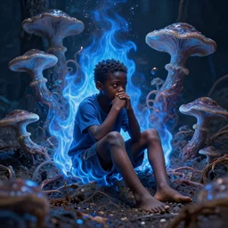 a realistic photograph of a black boy left all alone in blue demon flames strangled by his thoughts, sitting in the middle of iridescent fungal, extremely detailed, 8 k