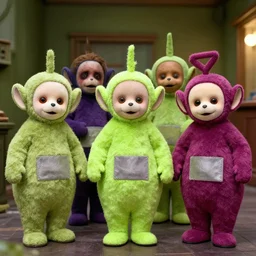 photorealistic photo of creepy teletubbies