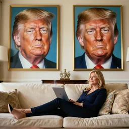photo of rosie o'donnell relaxing in her mansion. on the wall behind her is one of her giant portrait caricatures of donald trump