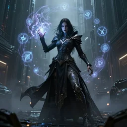 cyborg female necromancer casting dark magic spell with holographic magic symbols in the air, highly detailed full body portrait, scifimedieval gothic cyberpunk city background, special effects, cinematic lighting, grimdark atmosphere, sparks, energy shield, highly detailed, futuristic street, foggy weather, masterpiece, trending on artstation, art by eddie mendoza