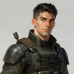 Portrait of a man by Greg Rutkowski, a young human marine with short black hair, heroic and triumphant attitude, wearing tactical gear, highly detailed portrait, scifi, MMORPG, digital painting, artstation, concept art, smooth, sharp foccus ilustration, Artstation HQ