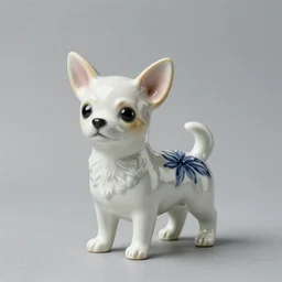 A porcelain model of a chihuahua painted in an Emma Bridgewater pattern, style of Emma Bridgewater, sculpture, photograph, studio lighting, product photography, advertising photography, pottery, figurine, octane render –H 768