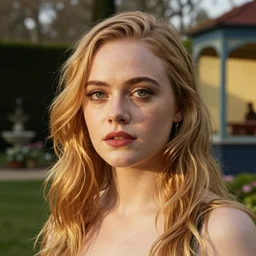 Elle Fanning, head and shoulders masterpiece, in Anor Londo, golden hour, in a garden, artstation, in the style of Art Deco and Edward Hopper and Bosch, extremely detailed
