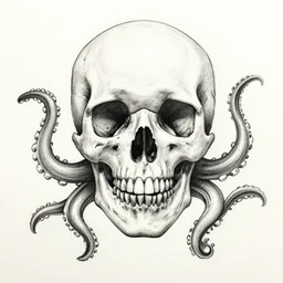 a Skull with tentacles coming out of the eyes, ink on paper, crosshatch shading