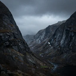 mountain landscape in the spooky and mysterious fjord, realistic, hdr, clear image, hdd, dynamic lighting