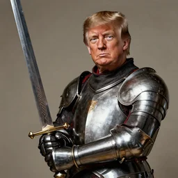 donald trump wearing knights armor, donald trump holding a crazy broadsword, donald trump ’ s highly detailed face, by hans holbein