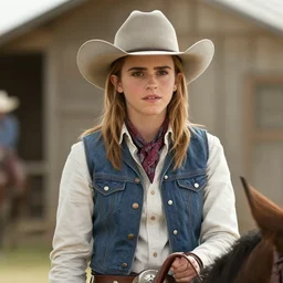 medium shot of emma watson as a cowboy in a western movie directed by sergio leone, sunset, promotional image, detailed face, movie still frame, frame 1 0 2 3 of 1 5 8 4 0 0, techniscope 3 5 mm film