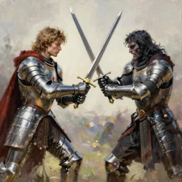 attractive arthur pendragon and his evil foe mordred, both in armor, they are in a fight with swords, excalibur, natural lighting, path traced, highly detailed, high quality, digital painting, by gaston bussiere, craig mullins, alphonse mucha j. c. leyendecker