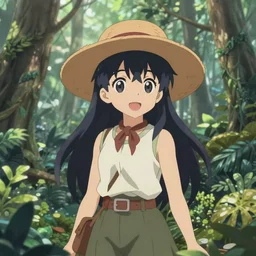 a digital anime drawing of reimu in the jungle wearing bonnet