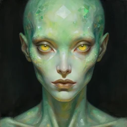 close up sci - fi horror art simon stalenhag spirit machine with cold eyes, green amber and diamond skin, elegant, highly detailed, centered, digital painting, concept art, smooth, sharp focus, illustration, artgerm, tomasz alen kopera, peter mohrbacher, donato giancola, joseph christian leyendecker, wlop, frank frazetta