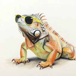 colored pencil drawing, iguana wearing yellow sunglasses