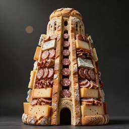 a photo of a towering impressive building made of bread, cheese, and lunchmeat, dramatic lighting, bokeh, designed by constantin brancusi