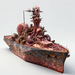 technobiological rusty warship consisting of tumors, veins, meat, kidneys, entrails, guts, skin, blood. biopunk, bodyhorror, high detail, photorealism, full length view, very rust, concept art, octane render, 8 k. cgsociety, art by hermann nitsch, dariusz zawadzki