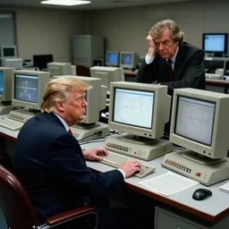 candid color photo of Donald Trump sitting at a bank of very complicated, 1970's looking computers (designed by gucci ) working through the night in his theoretical physics lab with his old nemesis george lucas. They are both frustrated at not having cracked the theorem.  photo by annie leibowitz