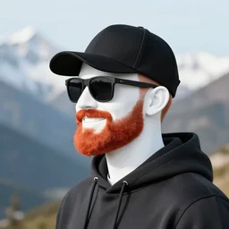 red bearded engineer with sunglasses and black baseball cap and hoody, mountain, smiley profile, white skin, centred, high detailed