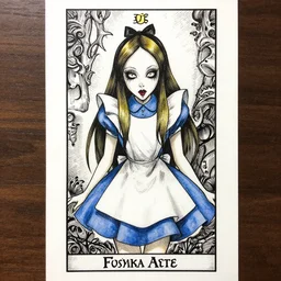 portrait Scary, Evil, Alice in wonderland tarot card , pen and ink, intricate line drawings, by Yoshitaka Amano, Ruan Jia, Kentaro Miura, Artgerm, watercolor