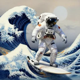 a beautiful digital painting of an astronaut surfing the great wave off kanagawa on a surboard by greg rutkowski, trending on artstation, highly detailed, intricate, unreal engine, octane render, photorealistic