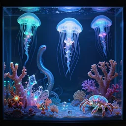 bioluminescent alien jellyfish aquarium with glowing alien coral, alien electric eels and crabs made out of crystals, intricate artwork by tooth wu and wlop and beeple. octane high render, trending on artstation, greg rutkowski, hyper realistic, ultra detail, 8 k