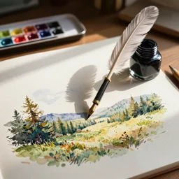 sketch of quill pen and ink jar on a desk, afternoon lighting, watercolor
