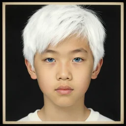 a portrait of an Asian boy with white hair and blue eyes By Geoffroy Thoorens and JC Leyendecker.
