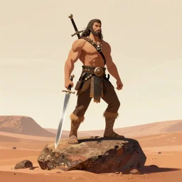 muscular human barbarian on mars, standing on boulder, sword and sorcery illustration