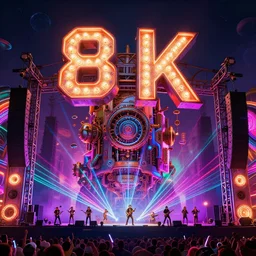 a concert stage, big glowing letters over the stage tripmachine, center of the stage is a big futuristic steampunk generator surrounded by speaker towers, rock musicians on the stage, laser show, 8 k, fluorescent colors, halluzinogenic, multicolored, exaggerated detailed, unreal engine