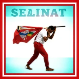 man carrying a flag, matchbox label style, red cyan and white