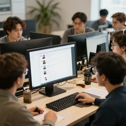 a bunch of people around a computer looking at a chat with picture posted