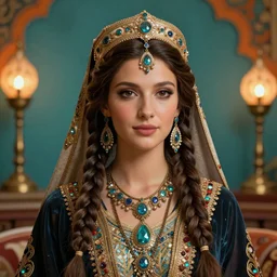 a gorgeous digital portrait of a goddess in traditional Armenian attire, with beautiful braided hair, wearing highly detailed pieces of jewelry and ornaments, photorealistic portrait by Da Vinci and Picasso, beautiful face, beautiful portrait lighting, teal and orange colored background with traditional lampstands and furniture, artstation, digital arts, Zbrush, Octane, smooth, 8K