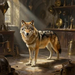 timber wolf in a steampunk shop, aying on the floor, realistic, sun shafts, castle, indoors, oil painting
