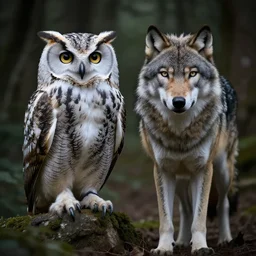 mixture between an! owl and wolf, photograph captured in a dark forest, realistic