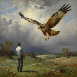 painting of a hawk flying towards a golfer by emile friant