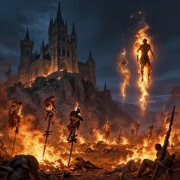 burning battleground with bodies impaled on stakes next to grand gothic castle on a mountain night, a burning battleground and bodies below by greg rutkowski craig mullins ross tran mucha levitating lumen reflections matte painting fantasy specular lighting trending on artstation