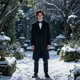 high-quality photo of timothée chalamet as Edward scissorhands in a haunting snowy garden