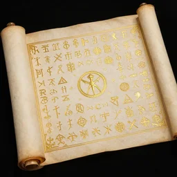 magical medieval scroll containing myriad gold inlay symbols and sigils and one a single punisher emblem. detailed, high art, intricate, artisan