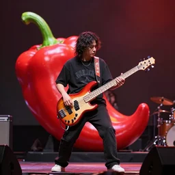 a big red chilli pepper on stage, plays the bass guitar