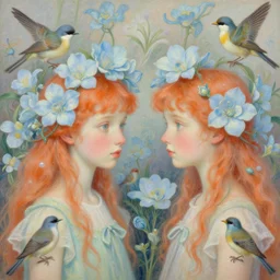 breathtaking detailed concept art painting portrait in pastel colors of girls looks each other by hsiao - ron cheng with light blue flowers and birds in carroty hair, weird background with bizarre compositions blend of flowers and birds by john james audubon, john james audubon, exquisite detail, 8 k