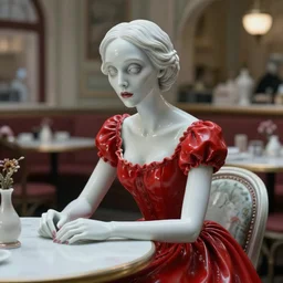 movie still of a woman in a red dress made out of porcelain sitting at a table in a cafe, smooth white skin, creepy, directed by Guillermo Del Toro