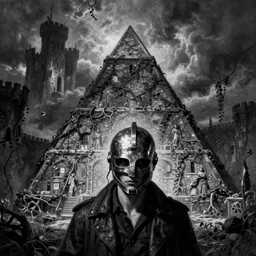 pyramidhead punishment, lean man, metal helmet, distant landscape covered in vines, castle, black and white, carravaggio, giger, horror
