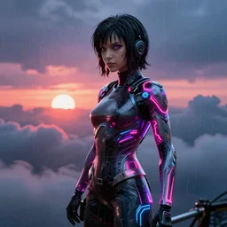« glowing neon lights, sunrise, cyberpunk, alita battle angel, blade runner, rainy, cold, clouds, far view, photorealistic, unreal engine 5, sharp focus »
