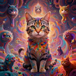 psychedelic cat infinite fractal worlds vibrant colors highly detailed cinematic eyvind earle tim white philippe druillet roger dean lisa frank aubrey beardsley