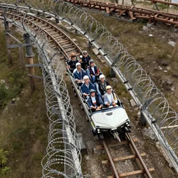 a rollercoaster, tracks of barbed wire, birds eye view, realistic