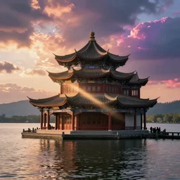 in the morning light, classical chinese architecture, magnificent and wonderful, lake water, colorful clouds, fairy tales, light effect, art