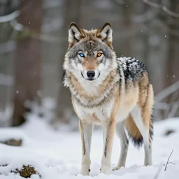 alpha wolf with heterochromia, in a snowy forest, by dave rapoza, by vincenzo riccardi