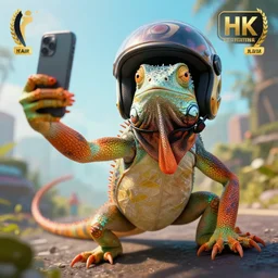psychadelic iguana wearing a helmet taking a selfie, epic scene, professional photo by jimmy nelson, dynamic lighting, digital art, winning award masterpiece, fantastically beautiful, trending on artstation, 8 k