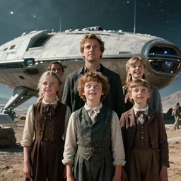 extremely sharply detailed, from blockbuster 8 k sci fi color movie freeze frame, set 1 8 6 0, family standing in front of crashed spaceship, on alien planet, looking happy, wearing 1 8 5 0 s era clothes, atmospheric lighting, in focus, reflective eyes, 8 mm lens, live action, nice composition and photography, clear faces