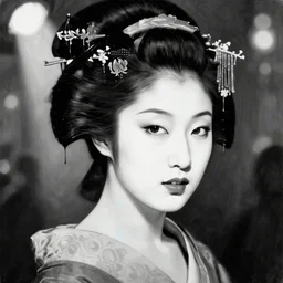 highly detailled black and white realistic portrait of a geisha, night club, intimate, pastel blue colors, beautiful face, rule of thirds, spotlight, drips of paint, expressive, passionate, by jenny saville, by greg rutkowski, by jeremy mann, by francoise nielly, digital painting