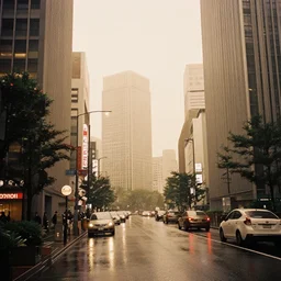 35mm film still blade runner set in a rainy tokyo, warm colors, moody, skyscrapers by Alex grey